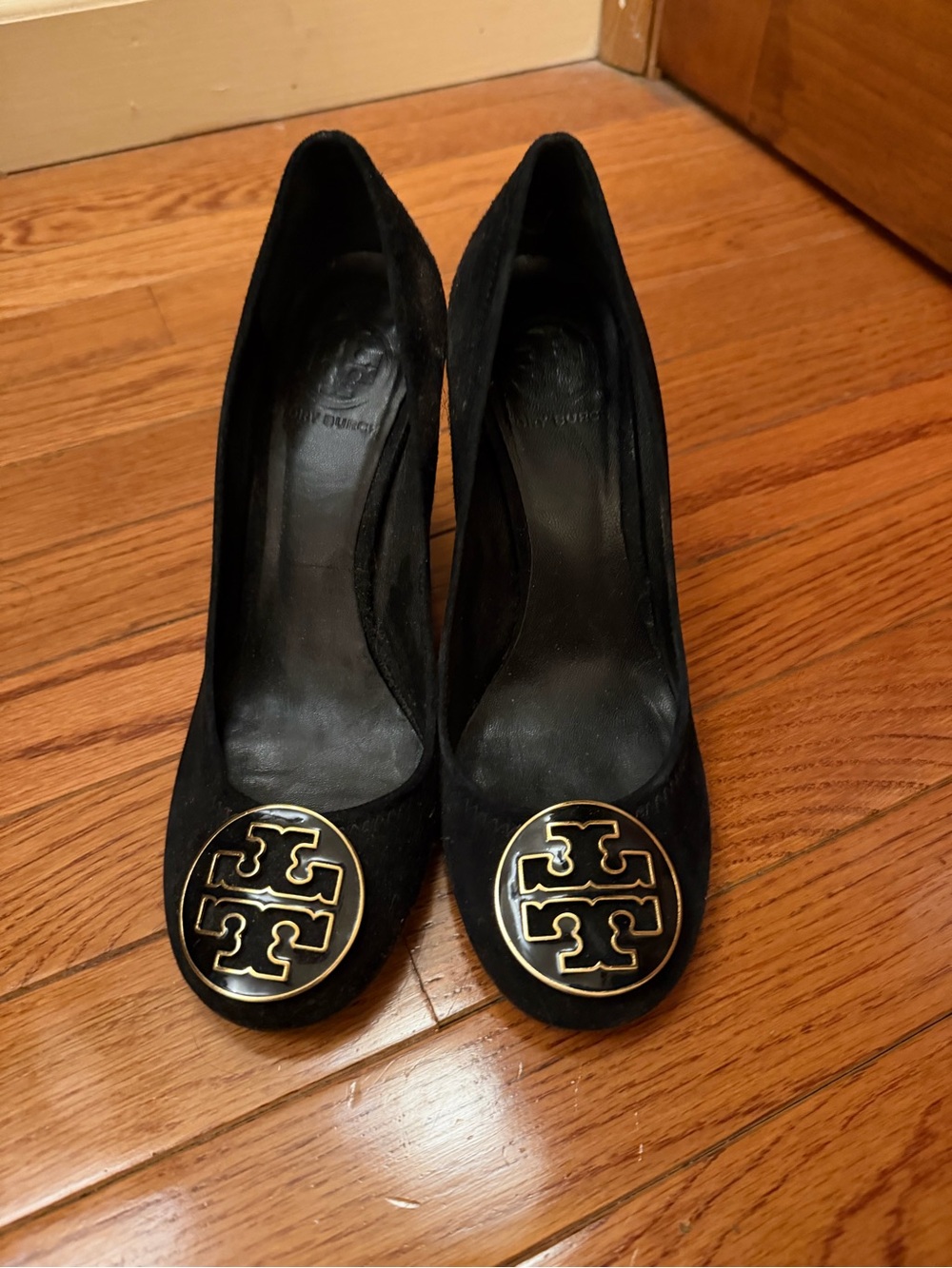 Tory Burch Black Suede Pumps with Gold Logo Medallions